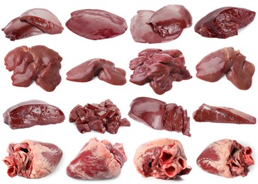 Image of Fresh raw organ meats on white background, set