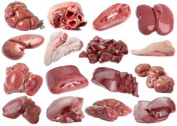 Image of Fresh raw organ meats on white background, set