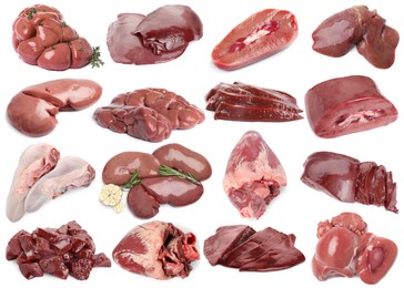 Image of Fresh raw organ meats on white background, set