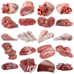 Image of Fresh raw organ meats on white background, set