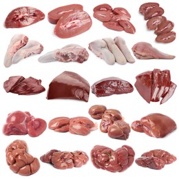 Image of Fresh raw organ meats on white background, set