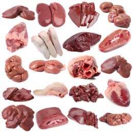 Image of Fresh raw organ meats on white background, set