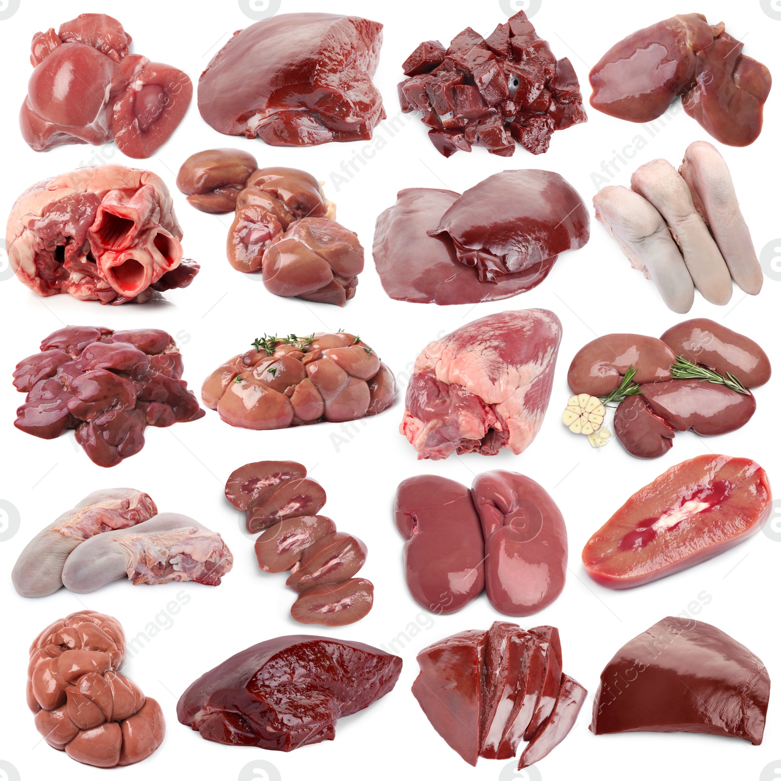 Fresh raw organ meats on white background, set Image of Fresh raw organ meats on white background, set