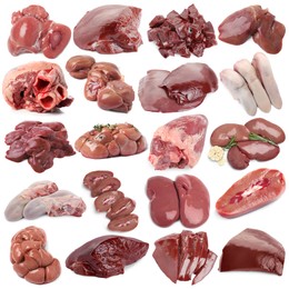 Image of Fresh raw organ meats on white background, set