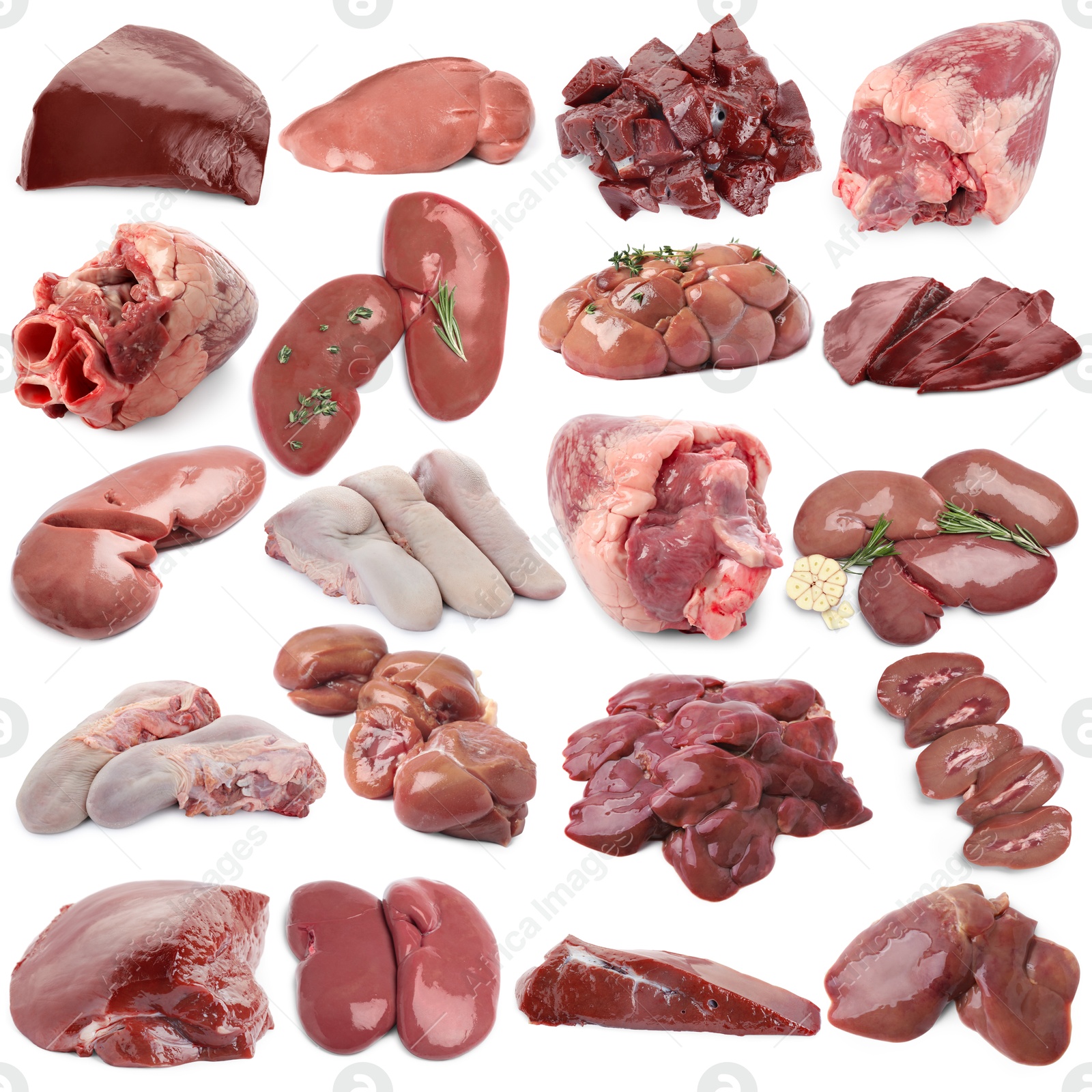 Fresh raw organ meats on white background, set Image of Fresh raw organ meats on white background, set