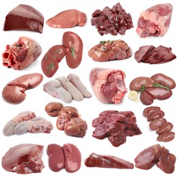 Image of Fresh raw organ meats on white background, set