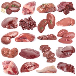 Image of Fresh raw organ meats on white background, set