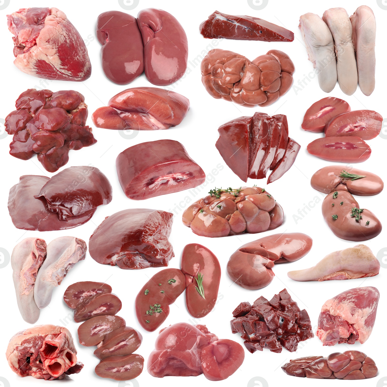 Fresh raw organ meats on white background, set Image of Fresh raw organ meats on white background, set