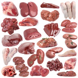 Image of Fresh raw organ meats on white background, set