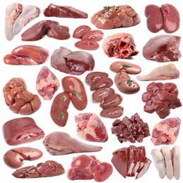Image of Fresh raw organ meats on white background, set