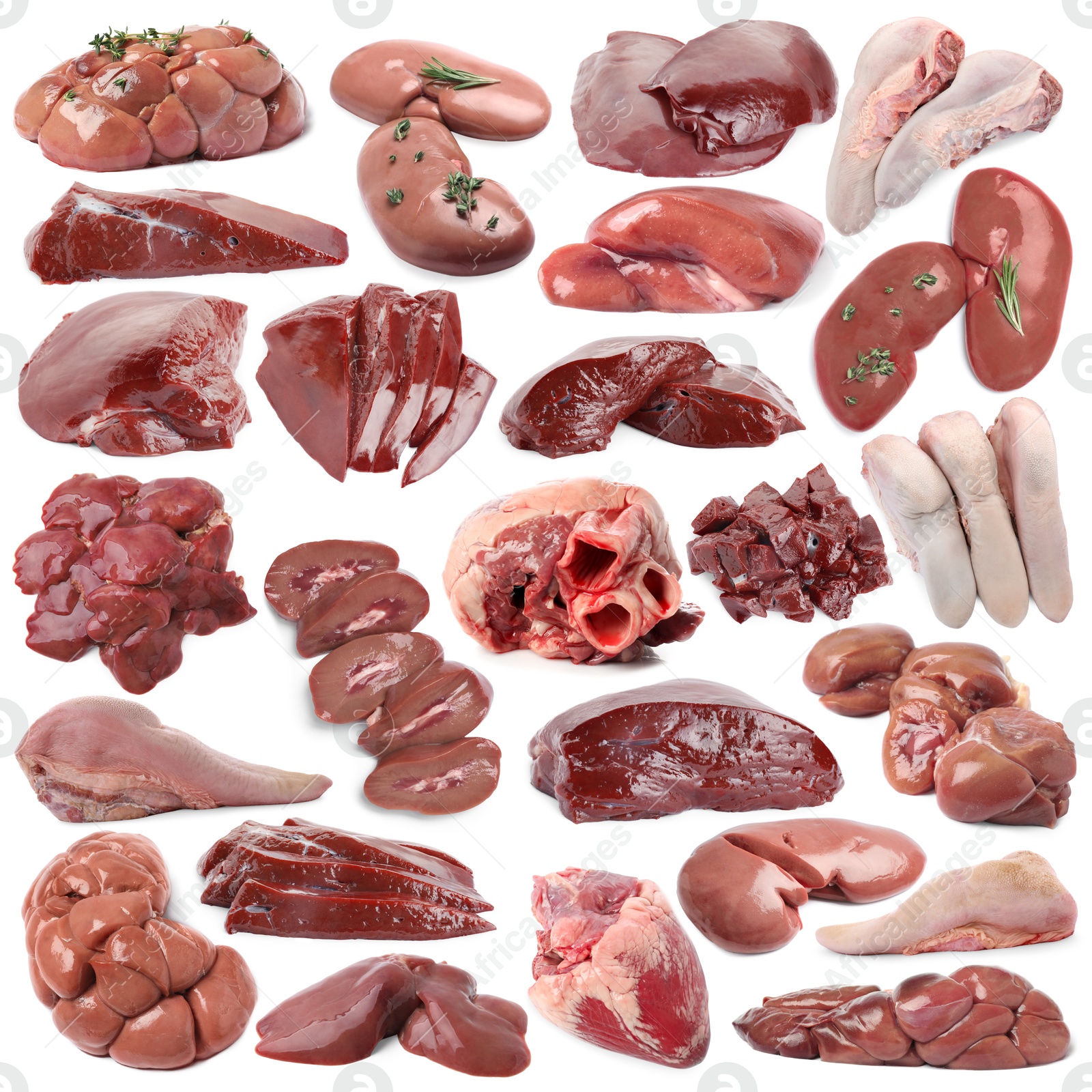 Fresh raw organ meats on white background, set Image of Fresh raw organ meats on white background, set