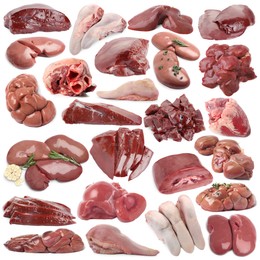 Image of Fresh raw organ meats on white background, set