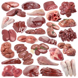 Image of Fresh raw organ meats on white background, set