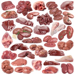Image of Fresh raw organ meats on white background, set