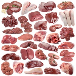Image of Fresh raw organ meats on white background, set