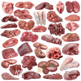 Image of Fresh raw organ meats on white background, set