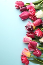Photo of Beautiful tulips on light blue background, flat lay. Space for text