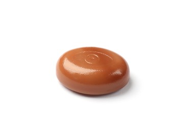 Photo of One tasty sweet caramel candy isolated on white