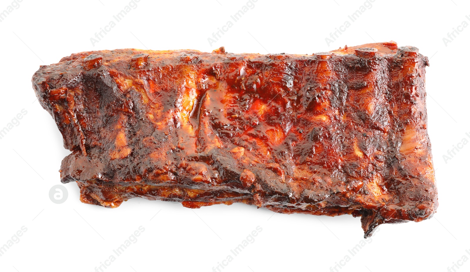 Tasty roasted pork ribs isolated on white, top view Photo of Tasty roasted pork ribs isolated on white, top view