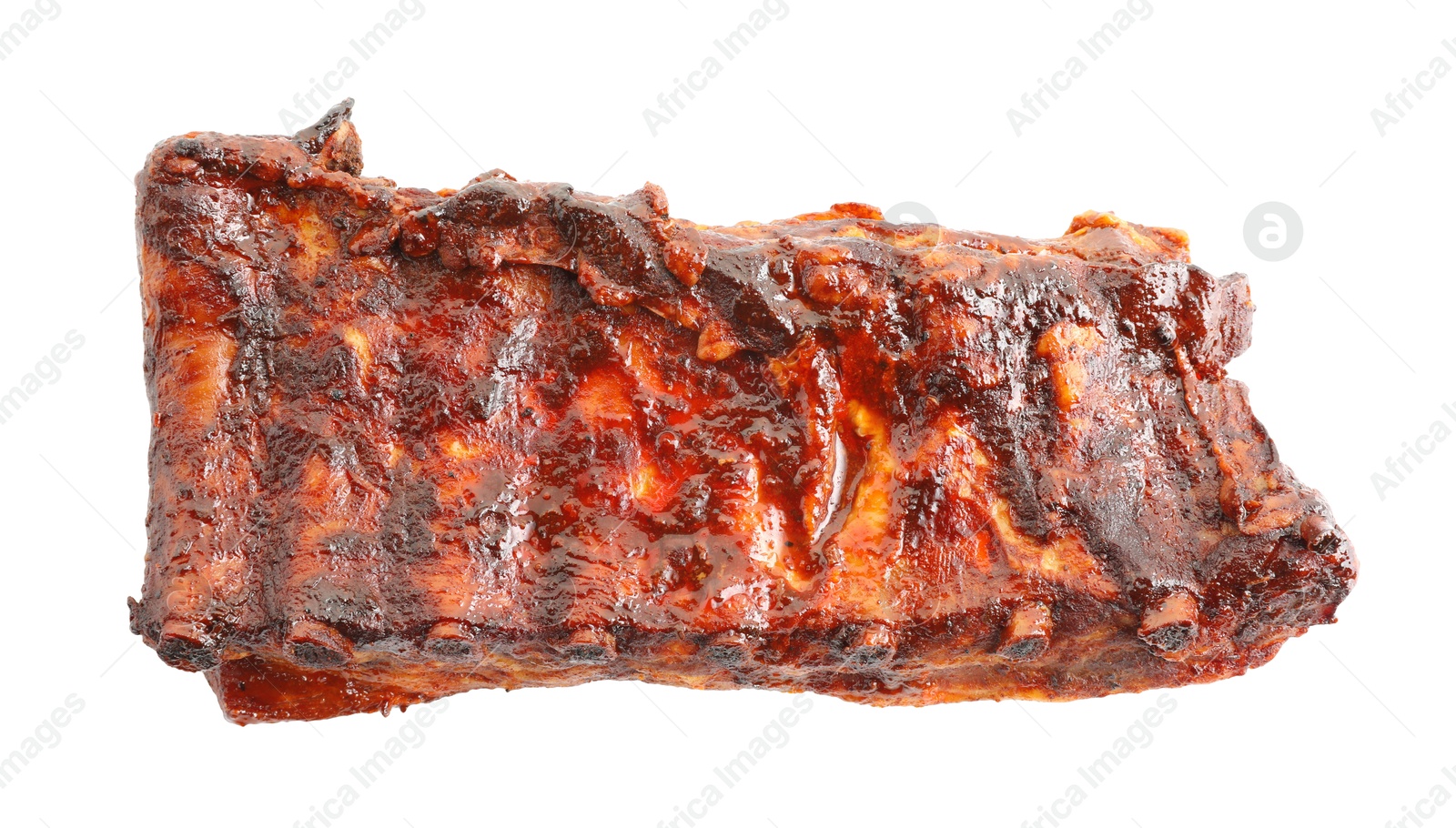 Tasty roasted pork ribs isolated on white, top view Photo of Tasty roasted pork ribs isolated on white, top view