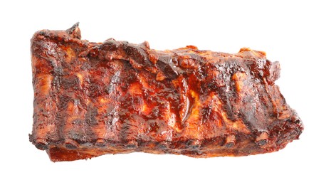 Photo of Tasty roasted pork ribs isolated on white, top view