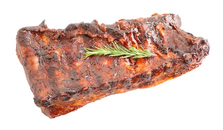 Photo of Tasty roasted pork ribs and rosemary isolated on white