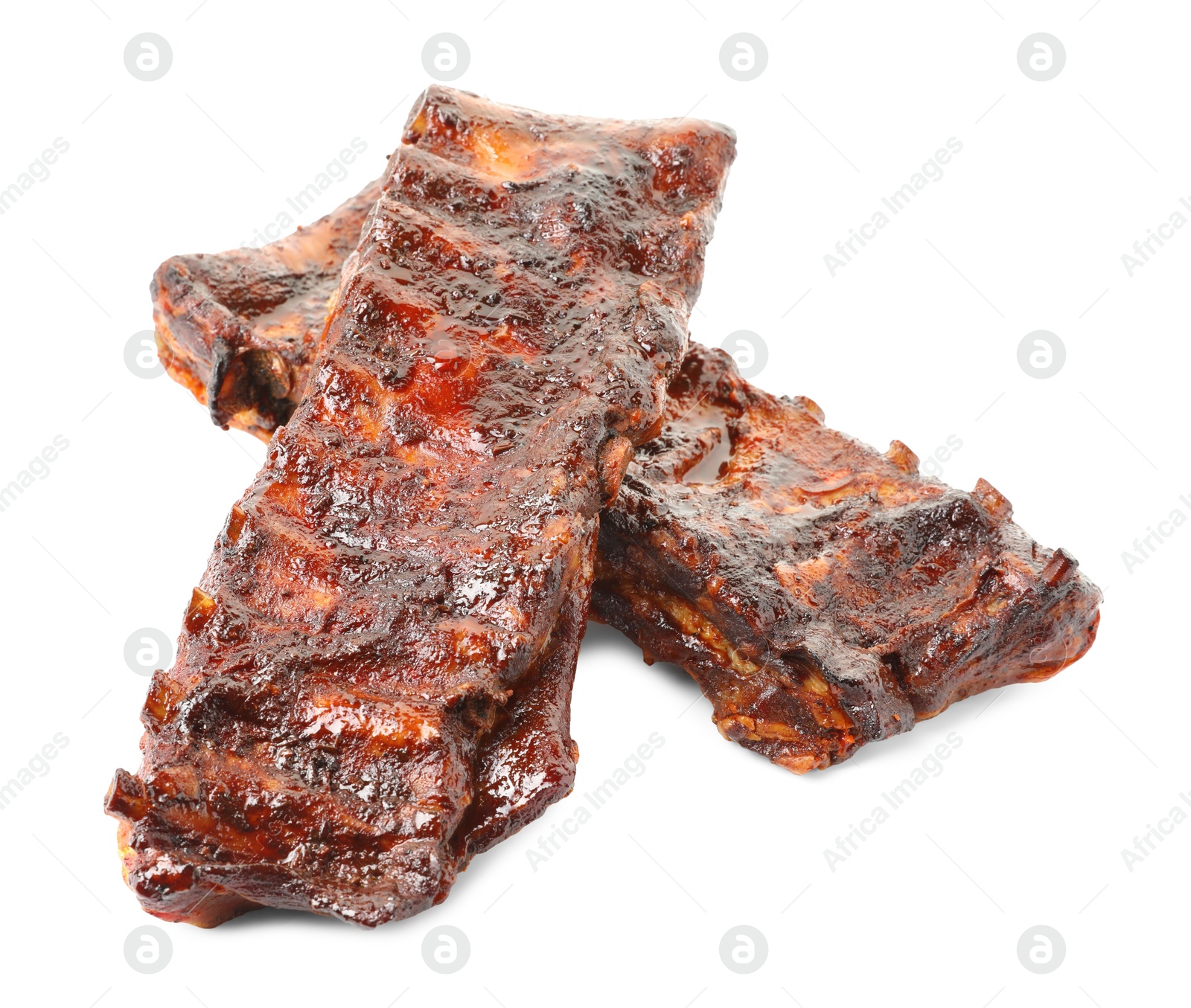 Tasty roasted pork ribs isolated on white Photo of Tasty roasted pork ribs isolated on white