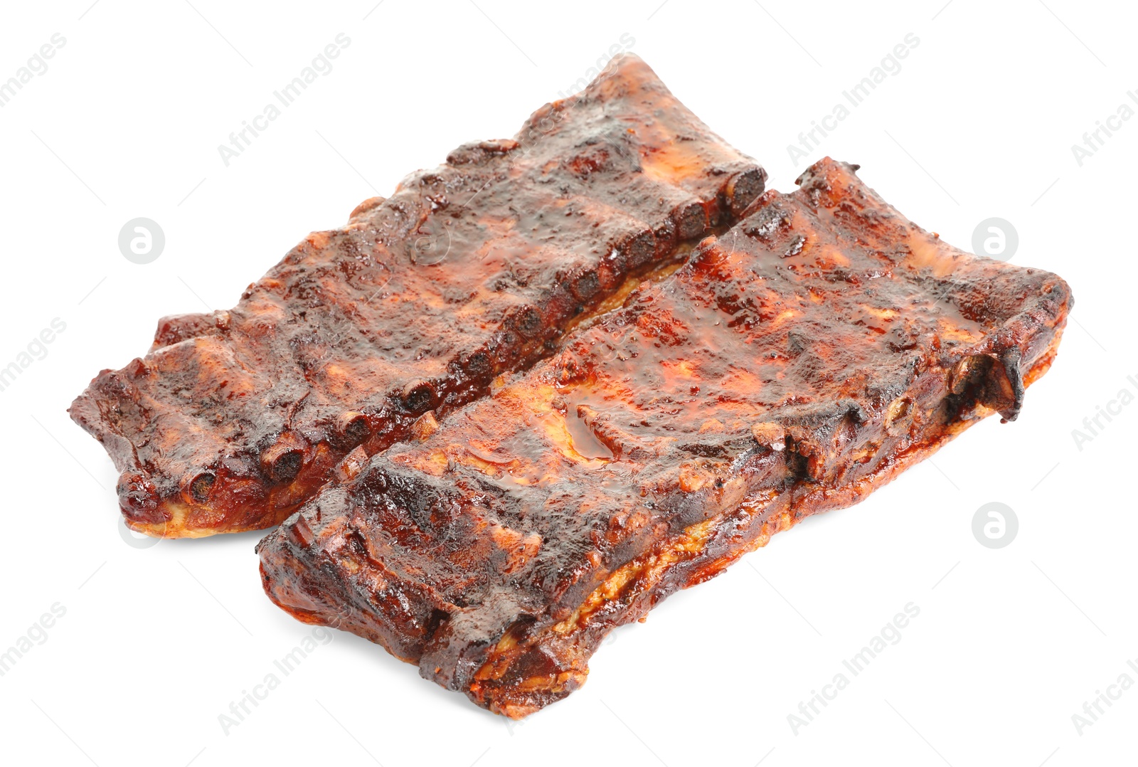 Tasty roasted pork ribs isolated on white Photo of Tasty roasted pork ribs isolated on white