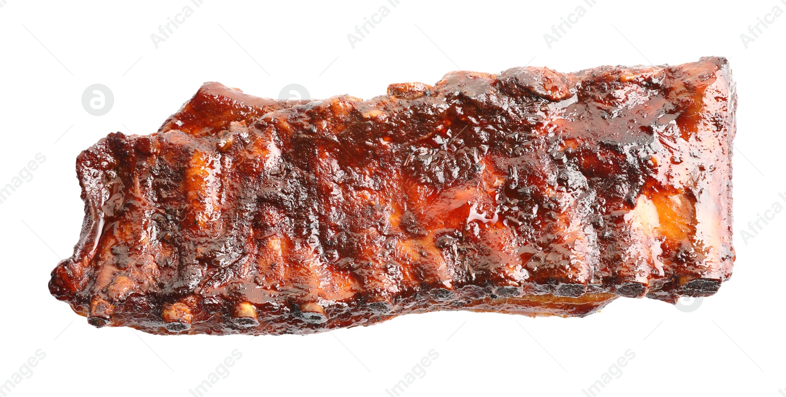 Tasty roasted pork ribs isolated on white, top view Photo of Tasty roasted pork ribs isolated on white, top view