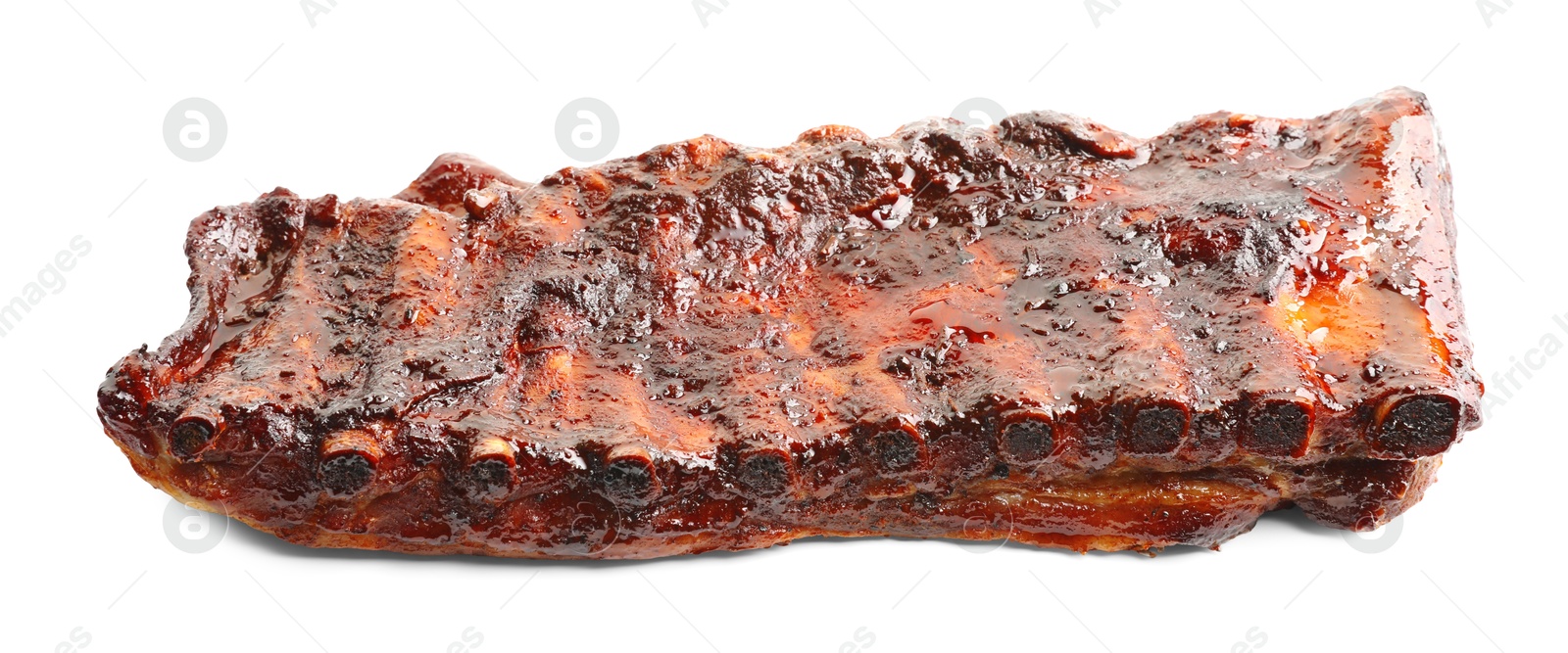 Tasty roasted pork ribs isolated on white Photo of Tasty roasted pork ribs isolated on white