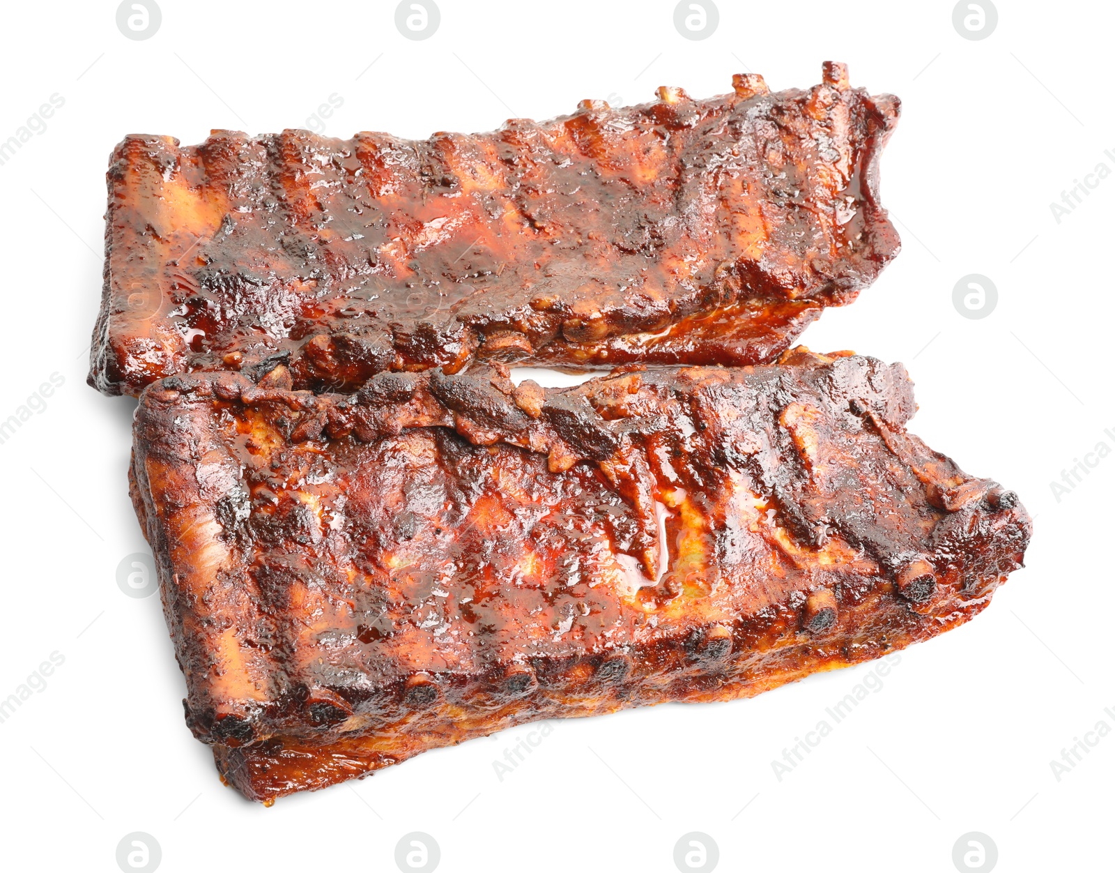 Tasty roasted pork ribs isolated on white Photo of Tasty roasted pork ribs isolated on white