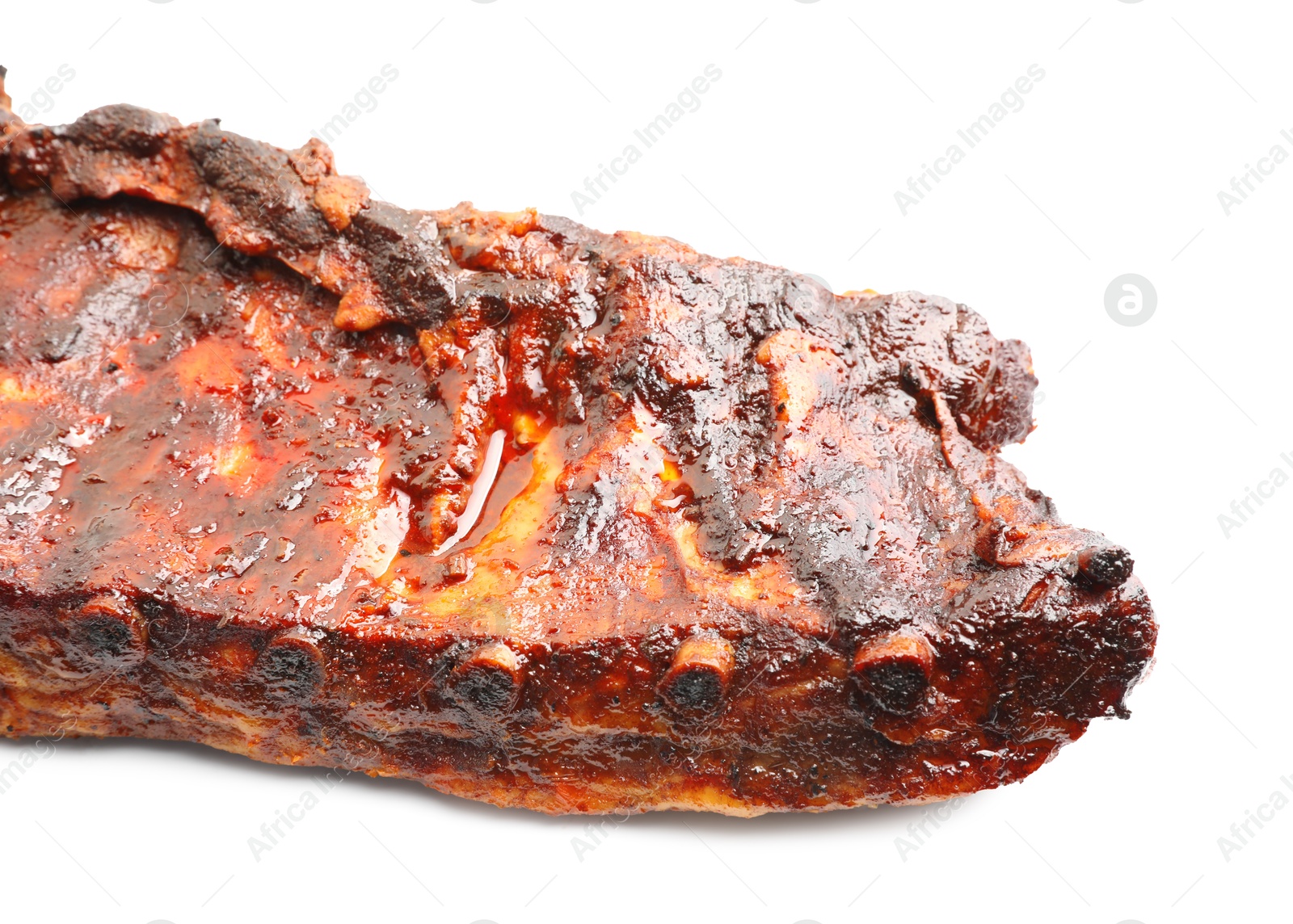 Tasty roasted pork ribs isolated on white Photo of Tasty roasted pork ribs isolated on white