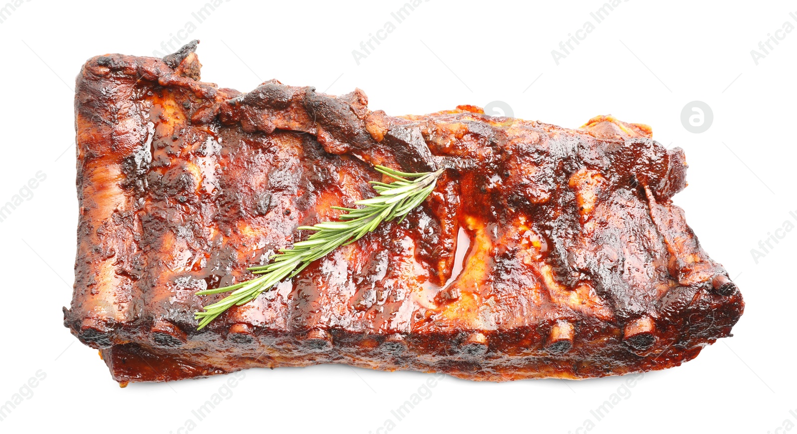 Tasty roasted pork ribs and rosemary isolated on white, top view Photo of Tasty roasted pork ribs and rosemary isolated on white, top view