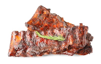 Photo of Tasty roasted pork ribs and rosemary isolated on white