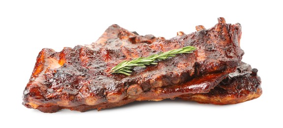 Photo of Tasty roasted pork ribs and rosemary isolated on white