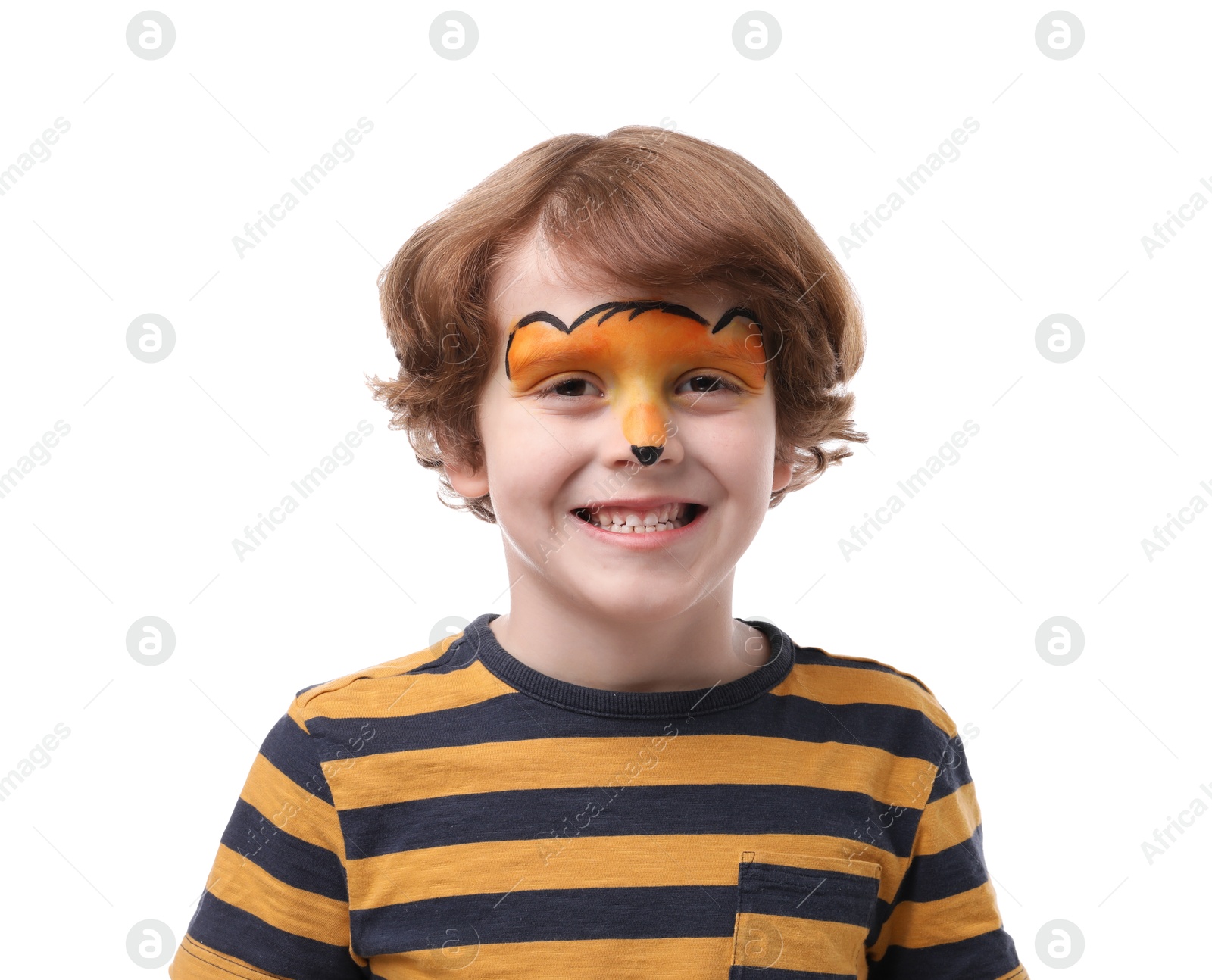 Photo of Cute boy with tiger face painting on white background