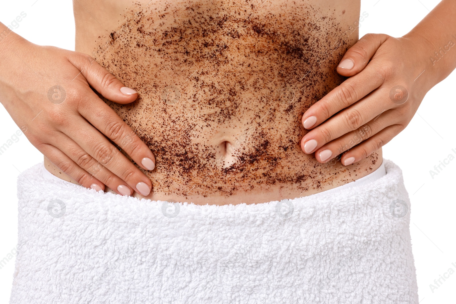 Woman applying body scrub onto her belly against white background, closeup Photo of Woman applying body scrub onto her belly against white background, closeup