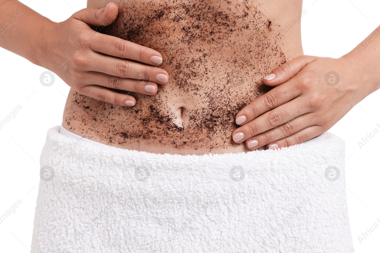 Woman applying body scrub onto her belly against white background, closeup Photo of Woman applying body scrub onto her belly against white background, closeup