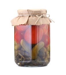 Photo of Tasty pickled vegetables in jar isolated on white