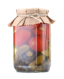 Photo of Tasty pickled vegetables in jar isolated on white