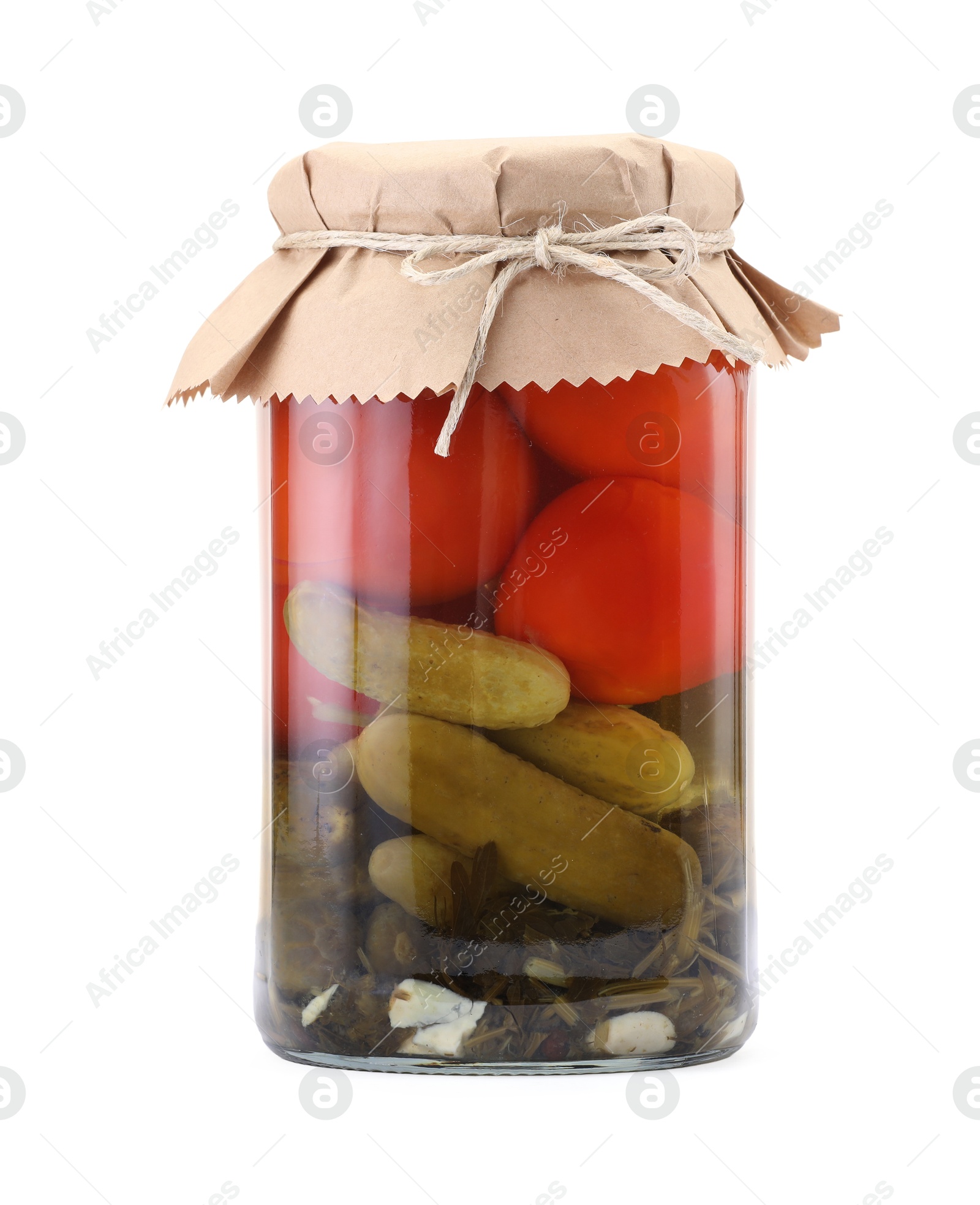 Tasty pickled vegetables in jar isolated on white Photo of Tasty pickled vegetables in jar isolated on white