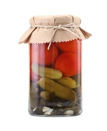 Photo of Tasty pickled vegetables in jar isolated on white