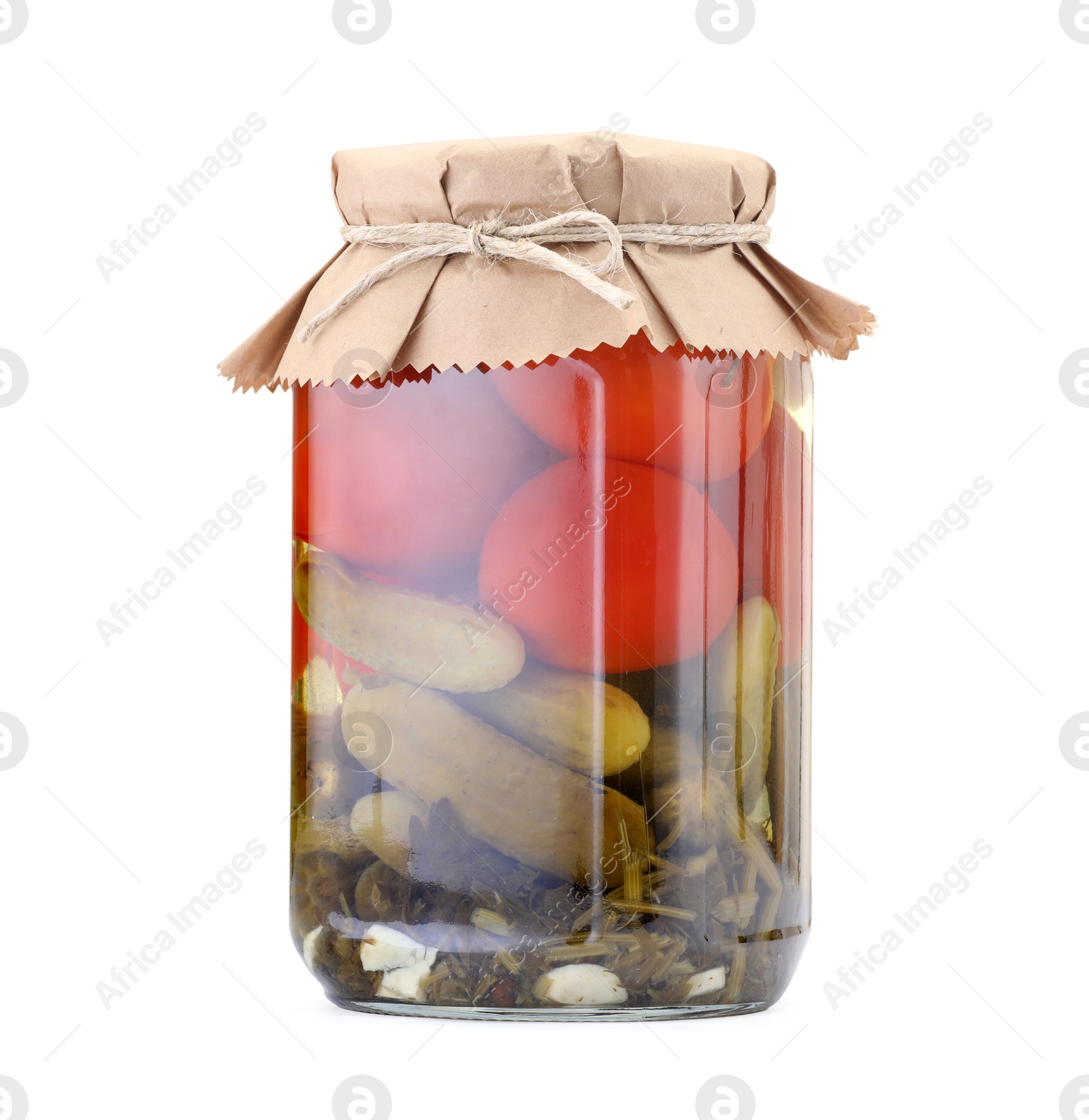 Tasty pickled vegetables in jar isolated on white Photo of Tasty pickled vegetables in jar isolated on white