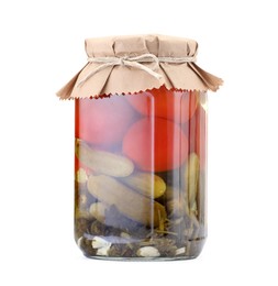 Photo of Tasty pickled vegetables in jar isolated on white