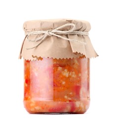 Photo of Tasty lecho in jar isolated on white