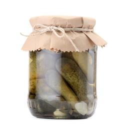 Photo of Tasty pickles in jar isolated on white