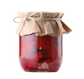 Photo of Tasty pickled peppers in jar isolated on white