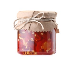 Photo of Tasty pickled peppers in jar isolated on white