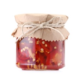 Photo of Tasty pickled peppers in jar isolated on white