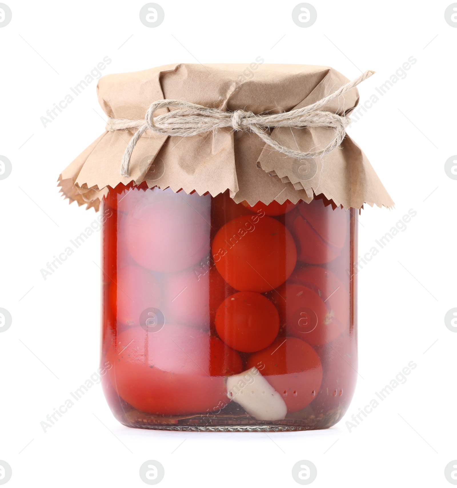 Tasty pickled tomatoes in jar isolated on white Photo of Tasty pickled tomatoes in jar isolated on white